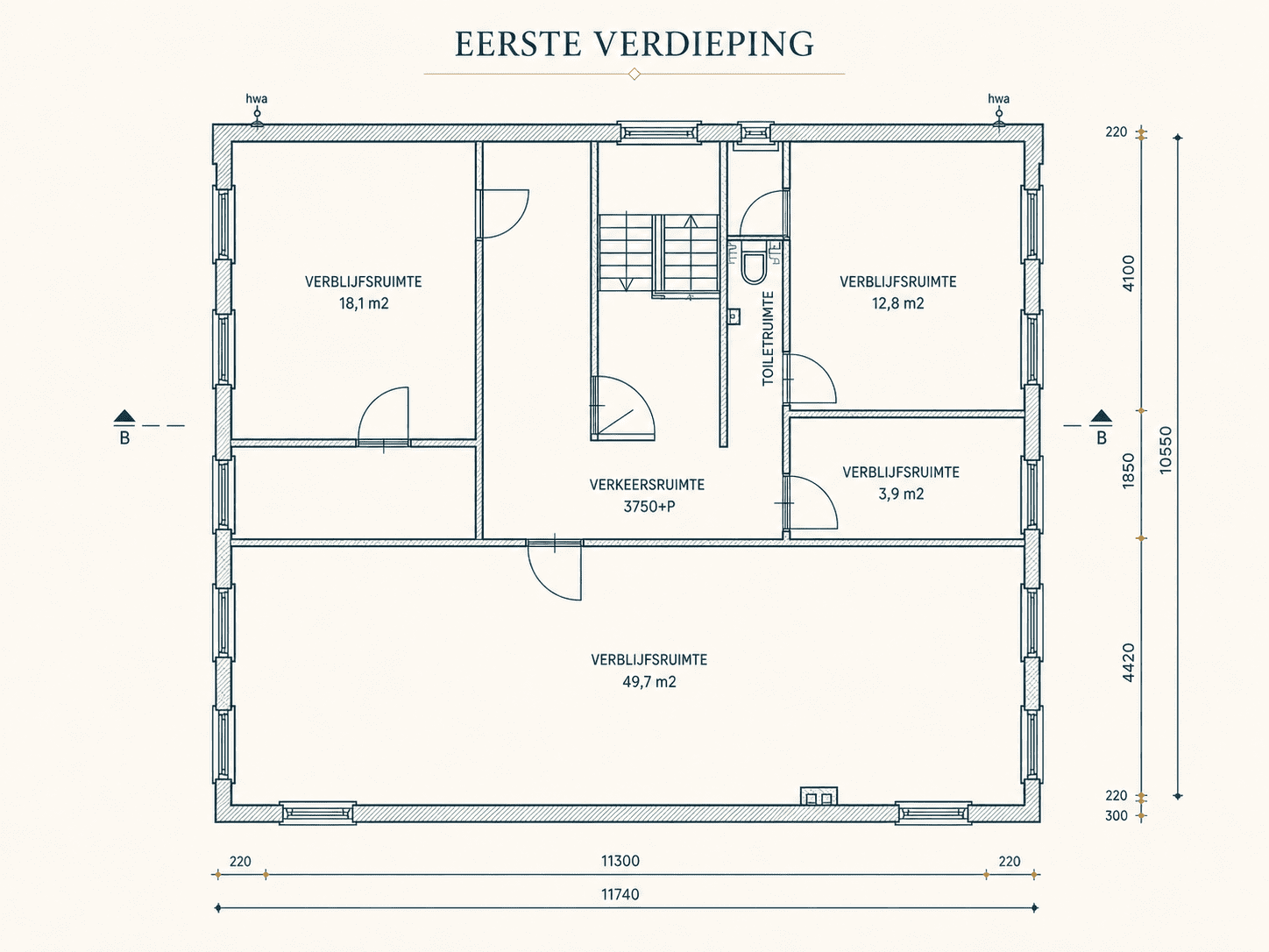 Plattegrond van de eerste verdieping van de Pastorie